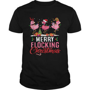 Merry Flocking Christmas Flamingo  In Santa Hat Tshirt